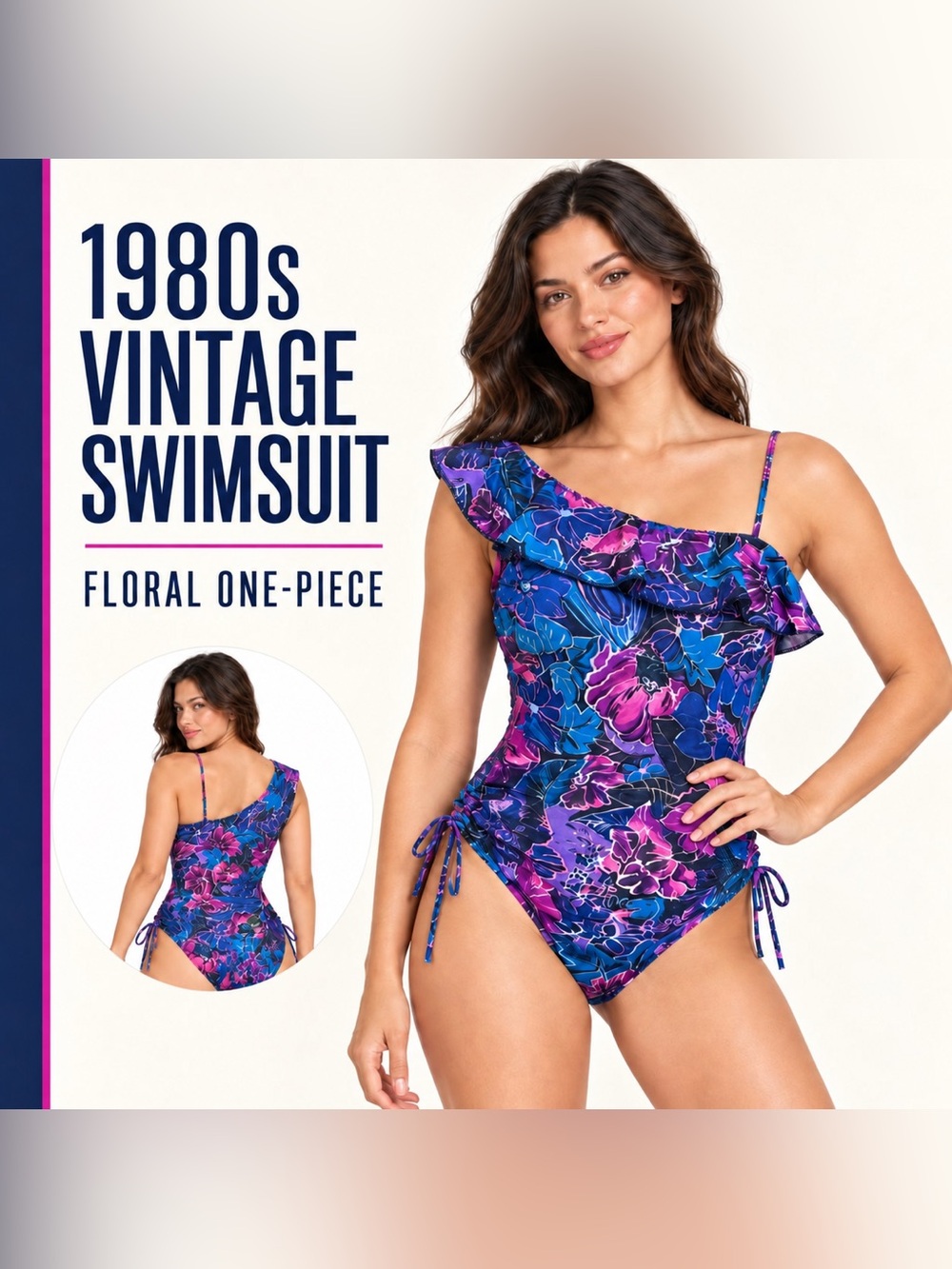 1980s Vintage Floral One-Piece Swimsuit - Purple Blue Pink